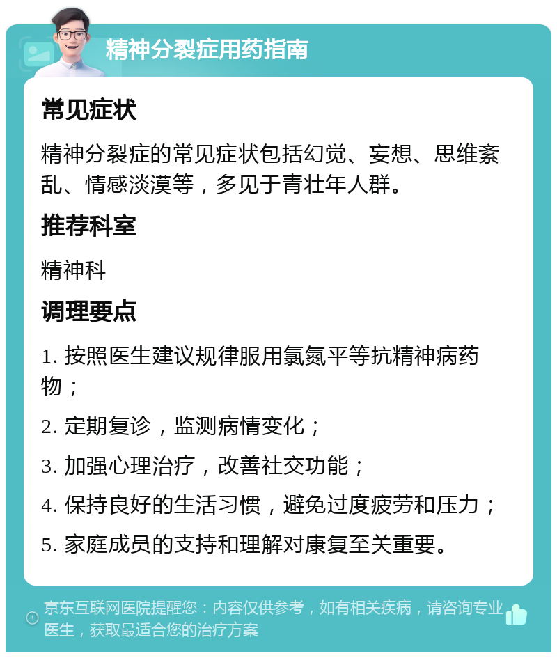 精神分裂症用药指南 常见症状 精神分裂症的常见症状包括幻觉、妄想、思维紊乱、情感淡漠等，多见于青壮年人群。 推荐科室 精神科 调理要点 1. 按照医生建议规律服用氯氮平等抗精神病药物； 2. 定期复诊，监测病情变化； 3. 加强心理治疗，改善社交功能； 4. 保持良好的生活习惯，避免过度疲劳和压力； 5. 家庭成员的支持和理解对康复至关重要。