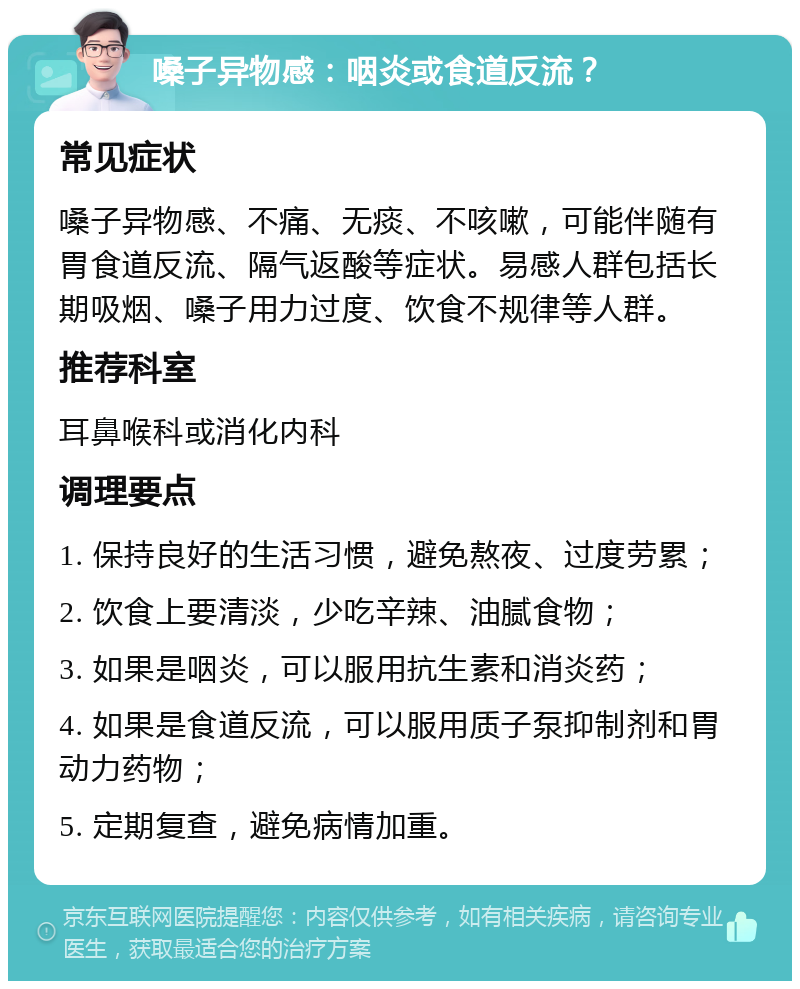 嗓子异物感：咽炎或食道反流？ 常见症状 嗓子异物感、不痛、无痰、不咳嗽，可能伴随有胃食道反流、隔气返酸等症状。易感人群包括长期吸烟、嗓子用力过度、饮食不规律等人群。 推荐科室 耳鼻喉科或消化内科 调理要点 1. 保持良好的生活习惯，避免熬夜、过度劳累； 2. 饮食上要清淡，少吃辛辣、油腻食物； 3. 如果是咽炎，可以服用抗生素和消炎药； 4. 如果是食道反流，可以服用质子泵抑制剂和胃动力药物； 5. 定期复查，避免病情加重。