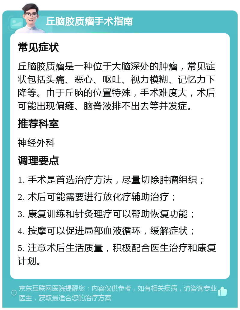 丘脑胶质瘤手术指南 常见症状 丘脑胶质瘤是一种位于大脑深处的肿瘤，常见症状包括头痛、恶心、呕吐、视力模糊、记忆力下降等。由于丘脑的位置特殊，手术难度大，术后可能出现偏瘫、脑脊液排不出去等并发症。 推荐科室 神经外科 调理要点 1. 手术是首选治疗方法，尽量切除肿瘤组织； 2. 术后可能需要进行放化疗辅助治疗； 3. 康复训练和针灸理疗可以帮助恢复功能； 4. 按摩可以促进局部血液循环，缓解症状； 5. 注意术后生活质量，积极配合医生治疗和康复计划。