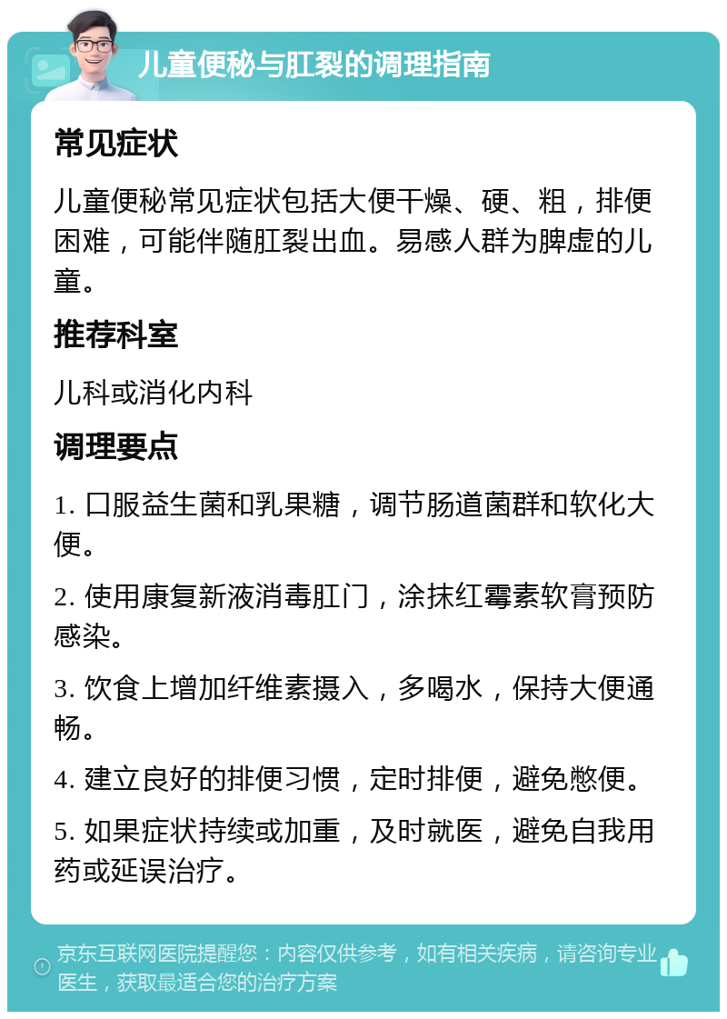 儿童便秘与肛裂的调理指南 常见症状 儿童便秘常见症状包括大便干燥、硬、粗，排便困难，可能伴随肛裂出血。易感人群为脾虚的儿童。 推荐科室 儿科或消化内科 调理要点 1. 口服益生菌和乳果糖，调节肠道菌群和软化大便。 2. 使用康复新液消毒肛门，涂抹红霉素软膏预防感染。 3. 饮食上增加纤维素摄入，多喝水，保持大便通畅。 4. 建立良好的排便习惯，定时排便，避免憋便。 5. 如果症状持续或加重，及时就医，避免自我用药或延误治疗。