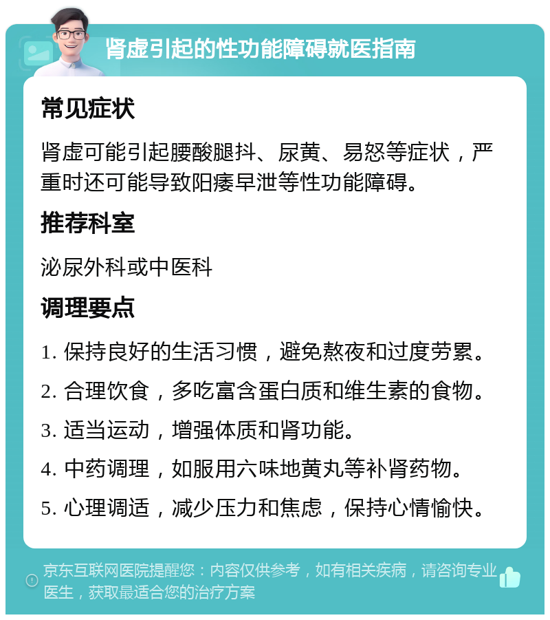 肾虚引起的性功能障碍就医指南 常见症状 肾虚可能引起腰酸腿抖、尿黄、易怒等症状，严重时还可能导致阳痿早泄等性功能障碍。 推荐科室 泌尿外科或中医科 调理要点 1. 保持良好的生活习惯，避免熬夜和过度劳累。 2. 合理饮食，多吃富含蛋白质和维生素的食物。 3. 适当运动，增强体质和肾功能。 4. 中药调理，如服用六味地黄丸等补肾药物。 5. 心理调适，减少压力和焦虑，保持心情愉快。