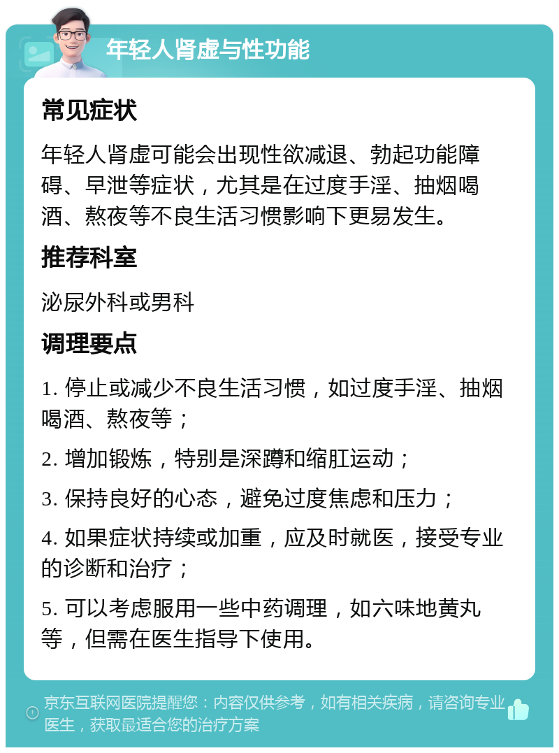 年轻人肾虚与性功能 常见症状 年轻人肾虚可能会出现性欲减退、勃起功能障碍、早泄等症状，尤其是在过度手淫、抽烟喝酒、熬夜等不良生活习惯影响下更易发生。 推荐科室 泌尿外科或男科 调理要点 1. 停止或减少不良生活习惯，如过度手淫、抽烟喝酒、熬夜等； 2. 增加锻炼，特别是深蹲和缩肛运动； 3. 保持良好的心态，避免过度焦虑和压力； 4. 如果症状持续或加重，应及时就医，接受专业的诊断和治疗； 5. 可以考虑服用一些中药调理，如六味地黄丸等，但需在医生指导下使用。