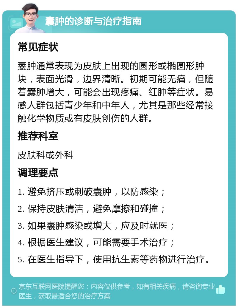 囊肿的诊断与治疗指南 常见症状 囊肿通常表现为皮肤上出现的圆形或椭圆形肿块，表面光滑，边界清晰。初期可能无痛，但随着囊肿增大，可能会出现疼痛、红肿等症状。易感人群包括青少年和中年人，尤其是那些经常接触化学物质或有皮肤创伤的人群。 推荐科室 皮肤科或外科 调理要点 1. 避免挤压或刺破囊肿，以防感染； 2. 保持皮肤清洁，避免摩擦和碰撞； 3. 如果囊肿感染或增大，应及时就医； 4. 根据医生建议，可能需要手术治疗； 5. 在医生指导下，使用抗生素等药物进行治疗。