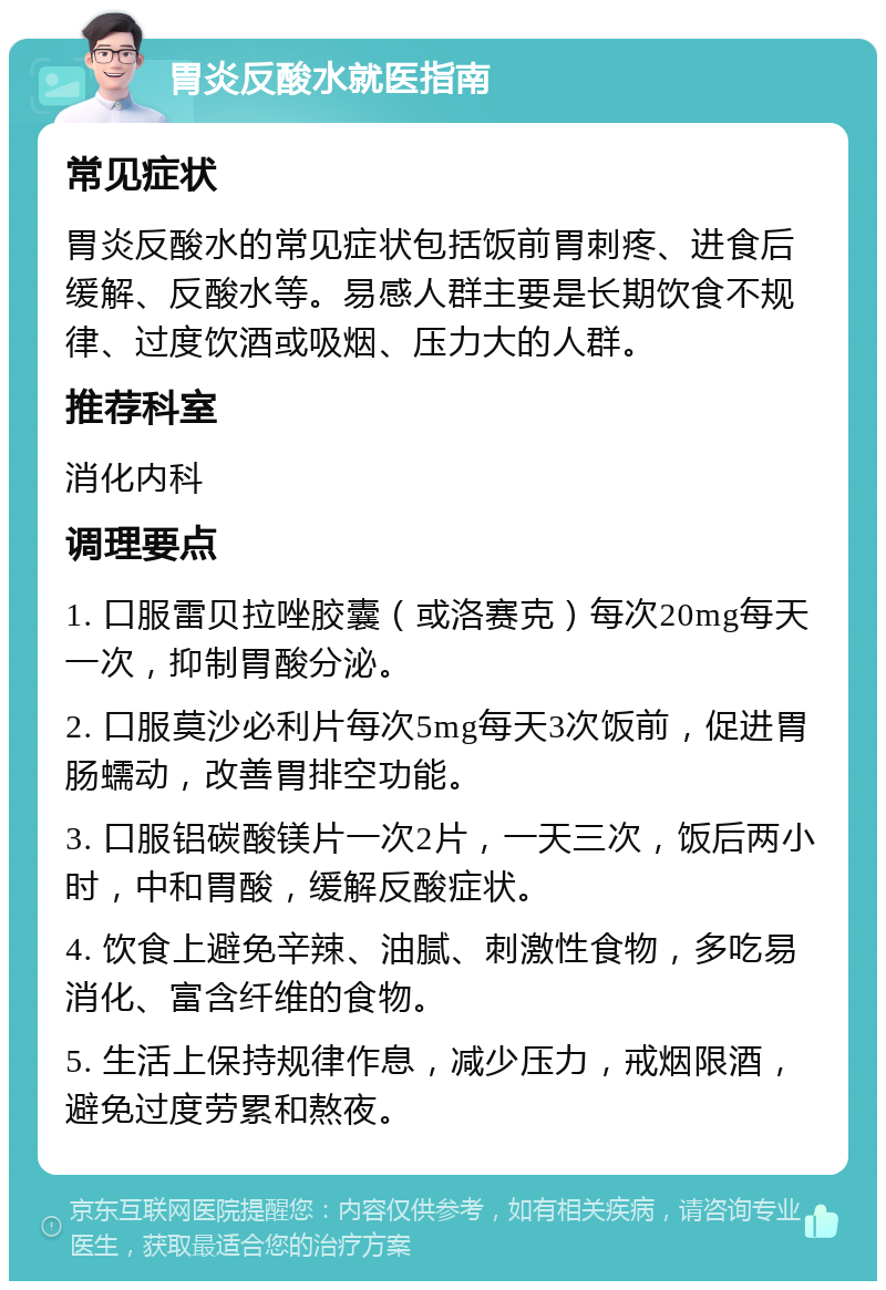 胃炎反酸水就医指南 常见症状 胃炎反酸水的常见症状包括饭前胃刺疼、进食后缓解、反酸水等。易感人群主要是长期饮食不规律、过度饮酒或吸烟、压力大的人群。 推荐科室 消化内科 调理要点 1. 口服雷贝拉唑胶囊（或洛赛克）每次20mg每天一次，抑制胃酸分泌。 2. 口服莫沙必利片每次5mg每天3次饭前，促进胃肠蠕动，改善胃排空功能。 3. 口服铝碳酸镁片一次2片，一天三次，饭后两小时，中和胃酸，缓解反酸症状。 4. 饮食上避免辛辣、油腻、刺激性食物，多吃易消化、富含纤维的食物。 5. 生活上保持规律作息，减少压力，戒烟限酒，避免过度劳累和熬夜。