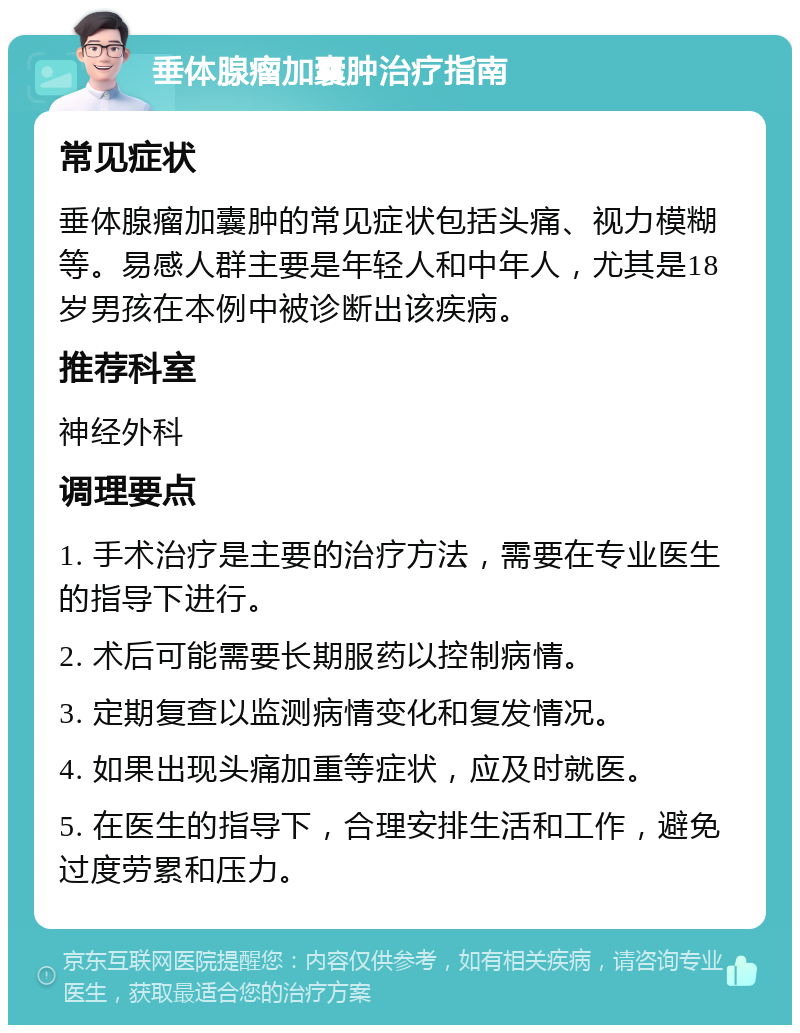 垂体腺瘤加囊肿治疗指南 常见症状 垂体腺瘤加囊肿的常见症状包括头痛、视力模糊等。易感人群主要是年轻人和中年人，尤其是18岁男孩在本例中被诊断出该疾病。 推荐科室 神经外科 调理要点 1. 手术治疗是主要的治疗方法，需要在专业医生的指导下进行。 2. 术后可能需要长期服药以控制病情。 3. 定期复查以监测病情变化和复发情况。 4. 如果出现头痛加重等症状，应及时就医。 5. 在医生的指导下，合理安排生活和工作，避免过度劳累和压力。