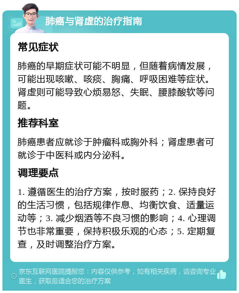 肺癌与肾虚的治疗指南 常见症状 肺癌的早期症状可能不明显，但随着病情发展，可能出现咳嗽、咳痰、胸痛、呼吸困难等症状。肾虚则可能导致心烦易怒、失眠、腰膝酸软等问题。 推荐科室 肺癌患者应就诊于肿瘤科或胸外科；肾虚患者可就诊于中医科或内分泌科。 调理要点 1. 遵循医生的治疗方案，按时服药；2. 保持良好的生活习惯，包括规律作息、均衡饮食、适量运动等；3. 减少烟酒等不良习惯的影响；4. 心理调节也非常重要，保持积极乐观的心态；5. 定期复查，及时调整治疗方案。