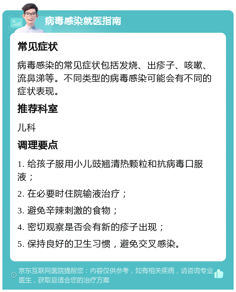 病毒感染就医指南 常见症状 病毒感染的常见症状包括发烧、出疹子、咳嗽、流鼻涕等。不同类型的病毒感染可能会有不同的症状表现。 推荐科室 儿科 调理要点 1. 给孩子服用小儿豉翘清热颗粒和抗病毒口服液； 2. 在必要时住院输液治疗； 3. 避免辛辣刺激的食物； 4. 密切观察是否会有新的疹子出现； 5. 保持良好的卫生习惯，避免交叉感染。