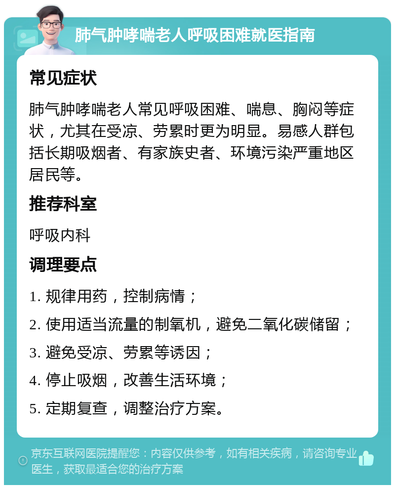 肺气肿哮喘老人呼吸困难就医指南 常见症状 肺气肿哮喘老人常见呼吸困难、喘息、胸闷等症状，尤其在受凉、劳累时更为明显。易感人群包括长期吸烟者、有家族史者、环境污染严重地区居民等。 推荐科室 呼吸内科 调理要点 1. 规律用药，控制病情； 2. 使用适当流量的制氧机，避免二氧化碳储留； 3. 避免受凉、劳累等诱因； 4. 停止吸烟，改善生活环境； 5. 定期复查，调整治疗方案。