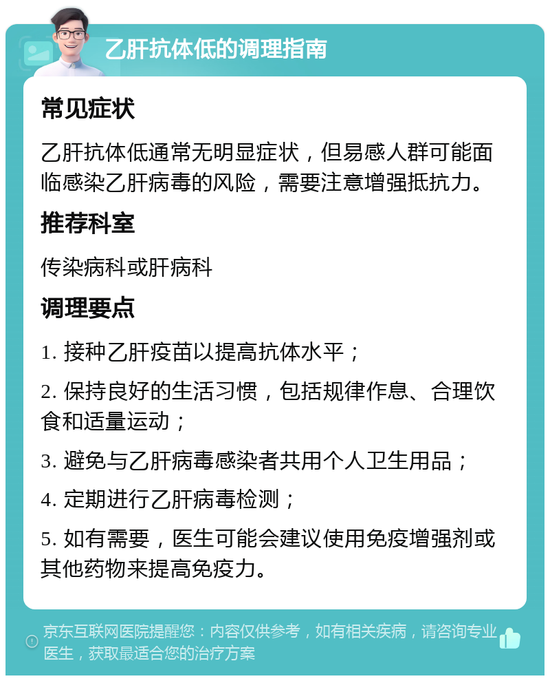 乙肝抗体低的调理指南 常见症状 乙肝抗体低通常无明显症状，但易感人群可能面临感染乙肝病毒的风险，需要注意增强抵抗力。 推荐科室 传染病科或肝病科 调理要点 1. 接种乙肝疫苗以提高抗体水平； 2. 保持良好的生活习惯，包括规律作息、合理饮食和适量运动； 3. 避免与乙肝病毒感染者共用个人卫生用品； 4. 定期进行乙肝病毒检测； 5. 如有需要，医生可能会建议使用免疫增强剂或其他药物来提高免疫力。