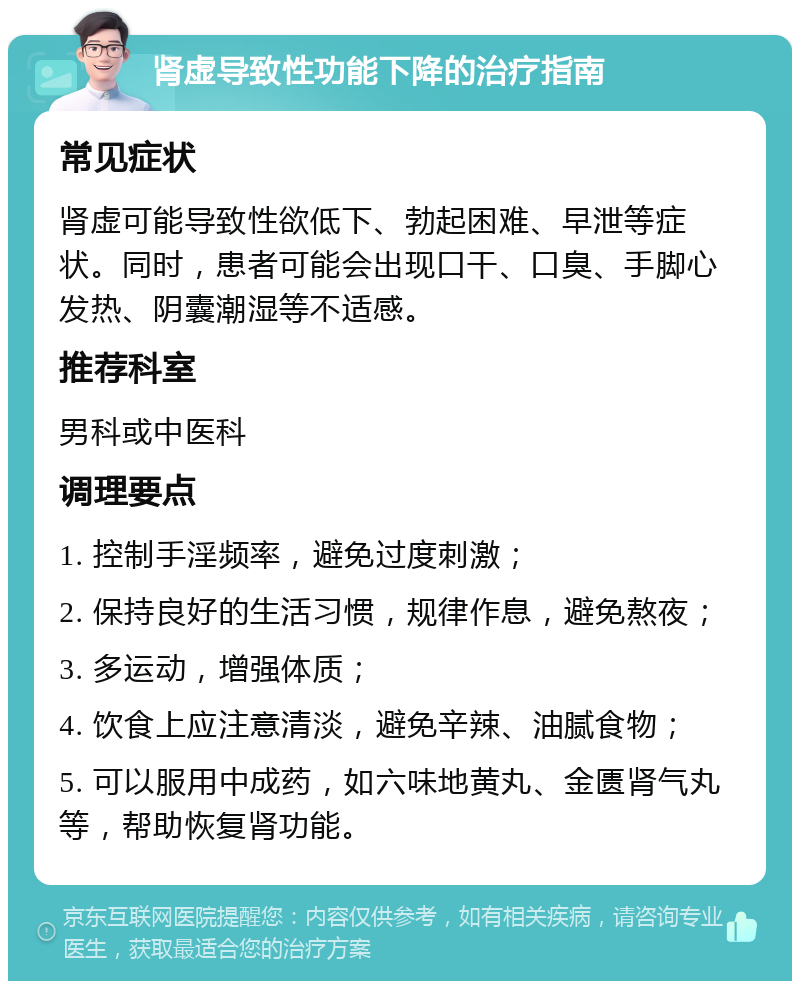 肾虚导致性功能下降的治疗指南 常见症状 肾虚可能导致性欲低下、勃起困难、早泄等症状。同时，患者可能会出现口干、口臭、手脚心发热、阴囊潮湿等不适感。 推荐科室 男科或中医科 调理要点 1. 控制手淫频率，避免过度刺激； 2. 保持良好的生活习惯，规律作息，避免熬夜； 3. 多运动，增强体质； 4. 饮食上应注意清淡，避免辛辣、油腻食物； 5. 可以服用中成药，如六味地黄丸、金匮肾气丸等，帮助恢复肾功能。