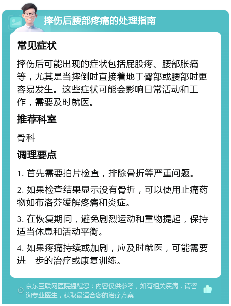 摔伤后腰部疼痛的处理指南 常见症状 摔伤后可能出现的症状包括屁股疼、腰部胀痛等，尤其是当摔倒时直接着地于臀部或腰部时更容易发生。这些症状可能会影响日常活动和工作，需要及时就医。 推荐科室 骨科 调理要点 1. 首先需要拍片检查，排除骨折等严重问题。 2. 如果检查结果显示没有骨折，可以使用止痛药物如布洛芬缓解疼痛和炎症。 3. 在恢复期间，避免剧烈运动和重物提起，保持适当休息和活动平衡。 4. 如果疼痛持续或加剧，应及时就医，可能需要进一步的治疗或康复训练。