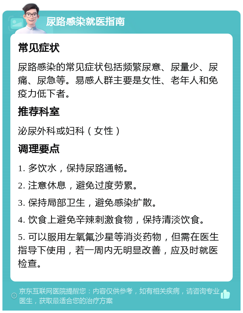 尿路感染就医指南 常见症状 尿路感染的常见症状包括频繁尿意、尿量少、尿痛、尿急等。易感人群主要是女性、老年人和免疫力低下者。 推荐科室 泌尿外科或妇科（女性） 调理要点 1. 多饮水，保持尿路通畅。 2. 注意休息，避免过度劳累。 3. 保持局部卫生，避免感染扩散。 4. 饮食上避免辛辣刺激食物，保持清淡饮食。 5. 可以服用左氧氟沙星等消炎药物，但需在医生指导下使用，若一周内无明显改善，应及时就医检查。