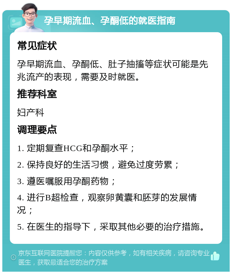 孕早期流血、孕酮低的就医指南 常见症状 孕早期流血、孕酮低、肚子抽搐等症状可能是先兆流产的表现，需要及时就医。 推荐科室 妇产科 调理要点 1. 定期复查HCG和孕酮水平； 2. 保持良好的生活习惯，避免过度劳累； 3. 遵医嘱服用孕酮药物； 4. 进行B超检查，观察卵黄囊和胚芽的发展情况； 5. 在医生的指导下，采取其他必要的治疗措施。