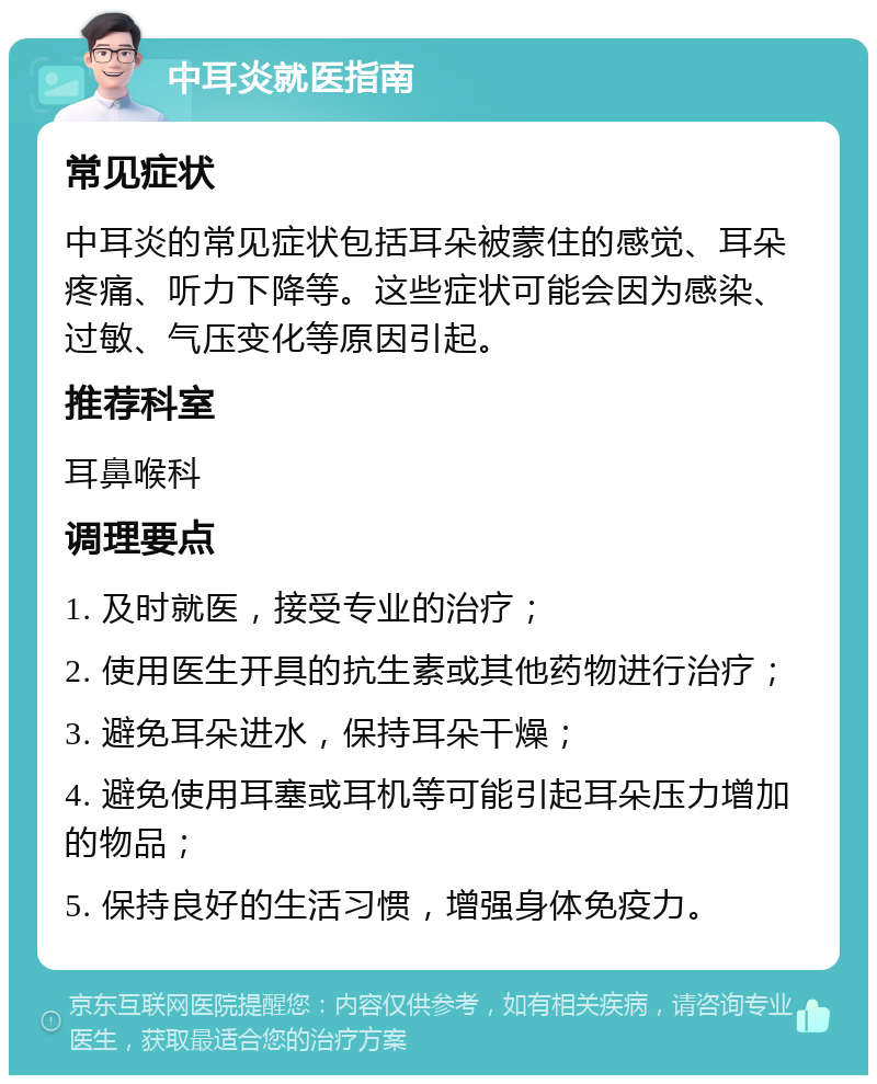 中耳炎就医指南 常见症状 中耳炎的常见症状包括耳朵被蒙住的感觉、耳朵疼痛、听力下降等。这些症状可能会因为感染、过敏、气压变化等原因引起。 推荐科室 耳鼻喉科 调理要点 1. 及时就医，接受专业的治疗； 2. 使用医生开具的抗生素或其他药物进行治疗； 3. 避免耳朵进水，保持耳朵干燥； 4. 避免使用耳塞或耳机等可能引起耳朵压力增加的物品； 5. 保持良好的生活习惯，增强身体免疫力。