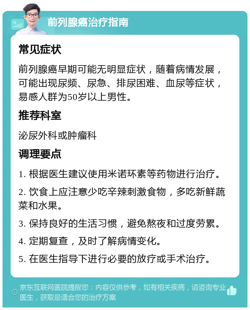 前列腺癌治疗指南 常见症状 前列腺癌早期可能无明显症状，随着病情发展，可能出现尿频、尿急、排尿困难、血尿等症状，易感人群为50岁以上男性。 推荐科室 泌尿外科或肿瘤科 调理要点 1. 根据医生建议使用米诺环素等药物进行治疗。 2. 饮食上应注意少吃辛辣刺激食物，多吃新鲜蔬菜和水果。 3. 保持良好的生活习惯，避免熬夜和过度劳累。 4. 定期复查，及时了解病情变化。 5. 在医生指导下进行必要的放疗或手术治疗。