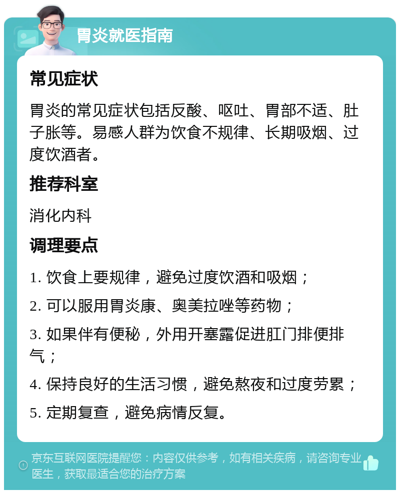 胃炎就医指南 常见症状 胃炎的常见症状包括反酸、呕吐、胃部不适、肚子胀等。易感人群为饮食不规律、长期吸烟、过度饮酒者。 推荐科室 消化内科 调理要点 1. 饮食上要规律，避免过度饮酒和吸烟； 2. 可以服用胃炎康、奥美拉唑等药物； 3. 如果伴有便秘，外用开塞露促进肛门排便排气； 4. 保持良好的生活习惯，避免熬夜和过度劳累； 5. 定期复查，避免病情反复。