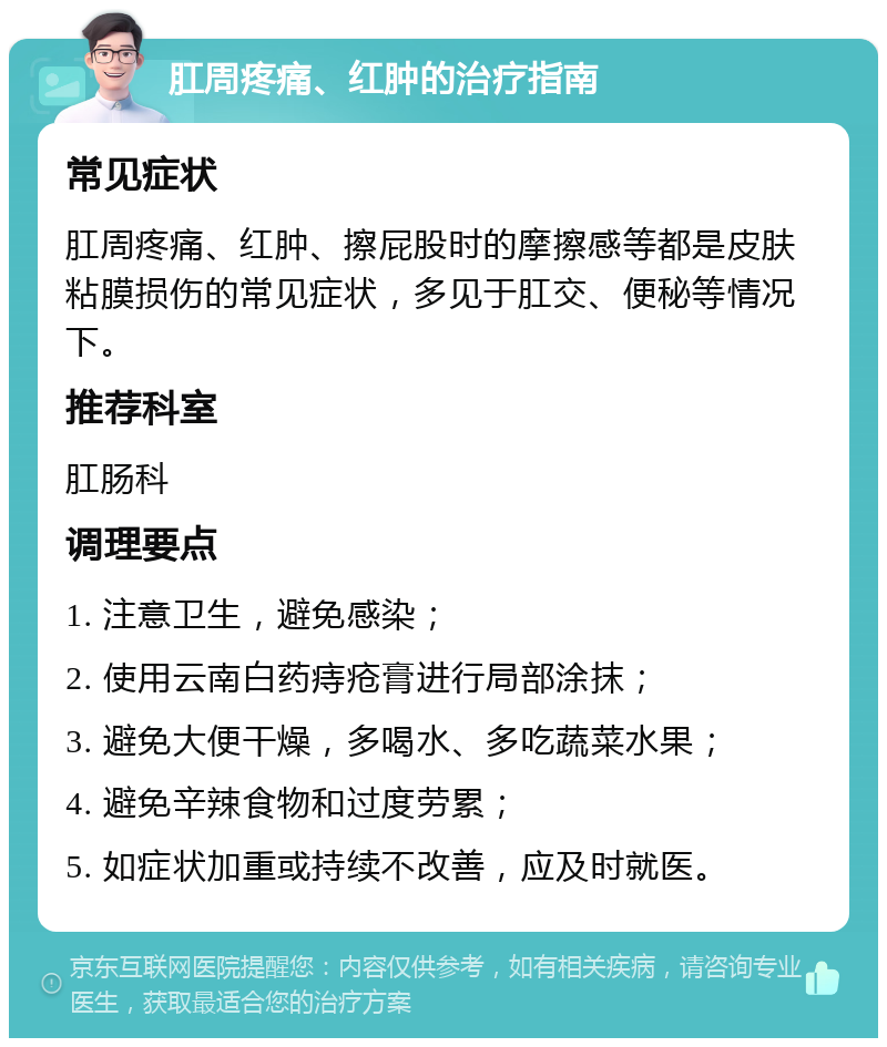 肛周疼痛、红肿的治疗指南 常见症状 肛周疼痛、红肿、擦屁股时的摩擦感等都是皮肤粘膜损伤的常见症状，多见于肛交、便秘等情况下。 推荐科室 肛肠科 调理要点 1. 注意卫生，避免感染； 2. 使用云南白药痔疮膏进行局部涂抹； 3. 避免大便干燥，多喝水、多吃蔬菜水果； 4. 避免辛辣食物和过度劳累； 5. 如症状加重或持续不改善，应及时就医。