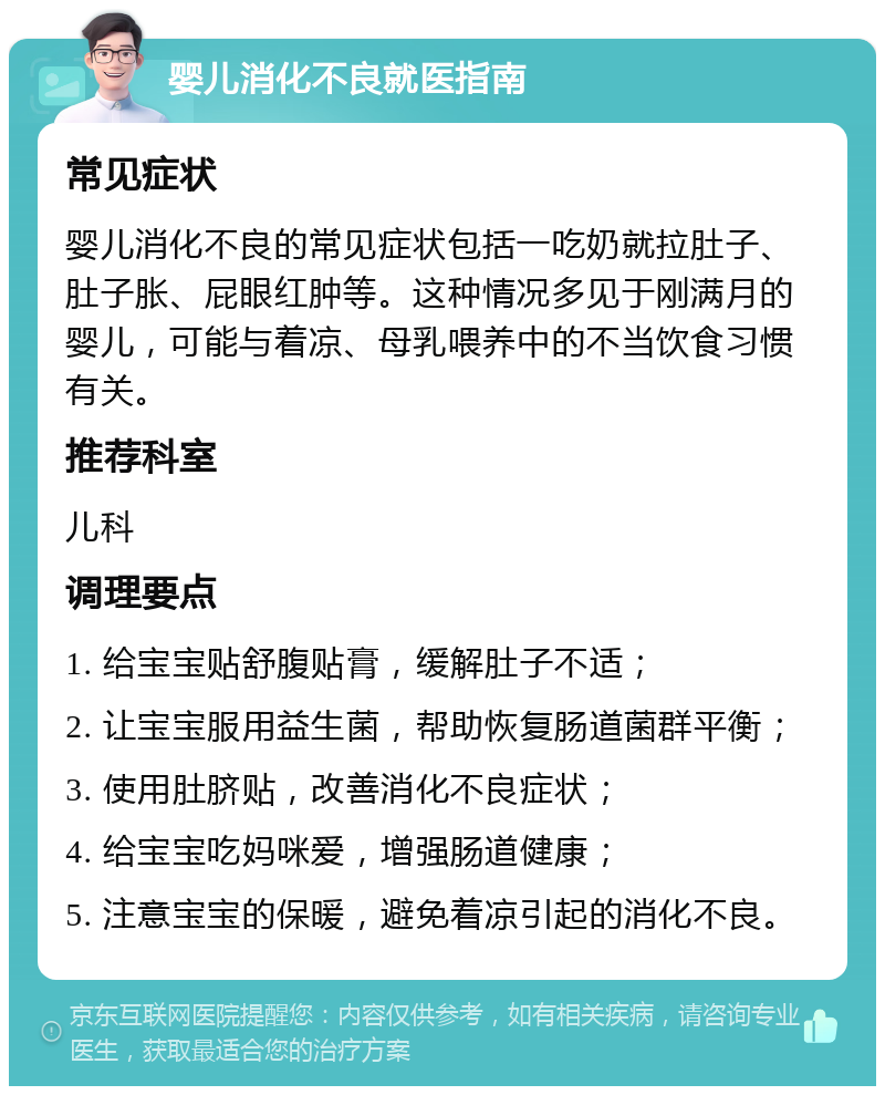 婴儿消化不良就医指南 常见症状 婴儿消化不良的常见症状包括一吃奶就拉肚子、肚子胀、屁眼红肿等。这种情况多见于刚满月的婴儿，可能与着凉、母乳喂养中的不当饮食习惯有关。 推荐科室 儿科 调理要点 1. 给宝宝贴舒腹贴膏，缓解肚子不适； 2. 让宝宝服用益生菌，帮助恢复肠道菌群平衡； 3. 使用肚脐贴，改善消化不良症状； 4. 给宝宝吃妈咪爱，增强肠道健康； 5. 注意宝宝的保暖，避免着凉引起的消化不良。