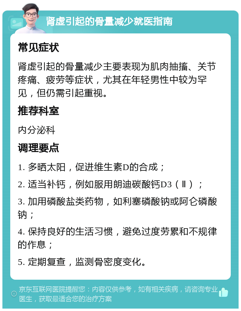 肾虚引起的骨量减少就医指南 常见症状 肾虚引起的骨量减少主要表现为肌肉抽搐、关节疼痛、疲劳等症状，尤其在年轻男性中较为罕见，但仍需引起重视。 推荐科室 内分泌科 调理要点 1. 多晒太阳，促进维生素D的合成； 2. 适当补钙，例如服用朗迪碳酸钙D3（Ⅱ）； 3. 加用磷酸盐类药物，如利塞磷酸钠或阿仑磷酸钠； 4. 保持良好的生活习惯，避免过度劳累和不规律的作息； 5. 定期复查，监测骨密度变化。