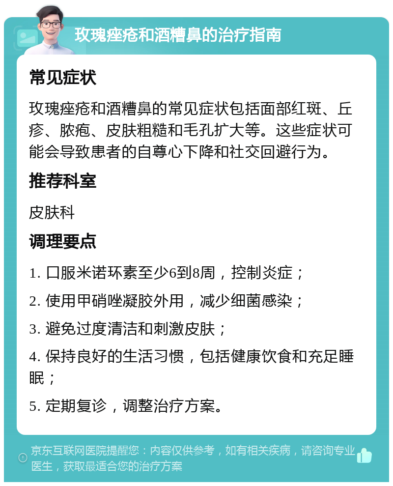 玫瑰痤疮和酒糟鼻的治疗指南 常见症状 玫瑰痤疮和酒糟鼻的常见症状包括面部红斑、丘疹、脓疱、皮肤粗糙和毛孔扩大等。这些症状可能会导致患者的自尊心下降和社交回避行为。 推荐科室 皮肤科 调理要点 1. 口服米诺环素至少6到8周，控制炎症； 2. 使用甲硝唑凝胶外用，减少细菌感染； 3. 避免过度清洁和刺激皮肤； 4. 保持良好的生活习惯，包括健康饮食和充足睡眠； 5. 定期复诊，调整治疗方案。