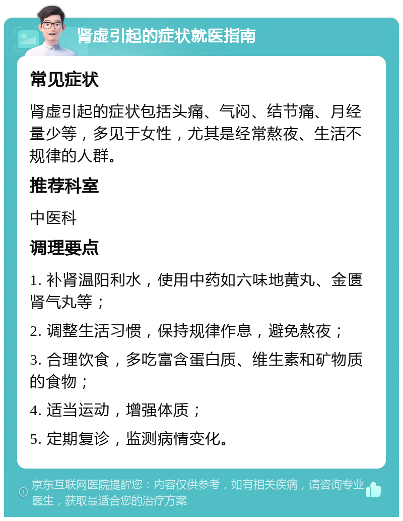 肾虚引起的症状就医指南 常见症状 肾虚引起的症状包括头痛、气闷、结节痛、月经量少等，多见于女性，尤其是经常熬夜、生活不规律的人群。 推荐科室 中医科 调理要点 1. 补肾温阳利水，使用中药如六味地黄丸、金匮肾气丸等； 2. 调整生活习惯，保持规律作息，避免熬夜； 3. 合理饮食，多吃富含蛋白质、维生素和矿物质的食物； 4. 适当运动，增强体质； 5. 定期复诊，监测病情变化。