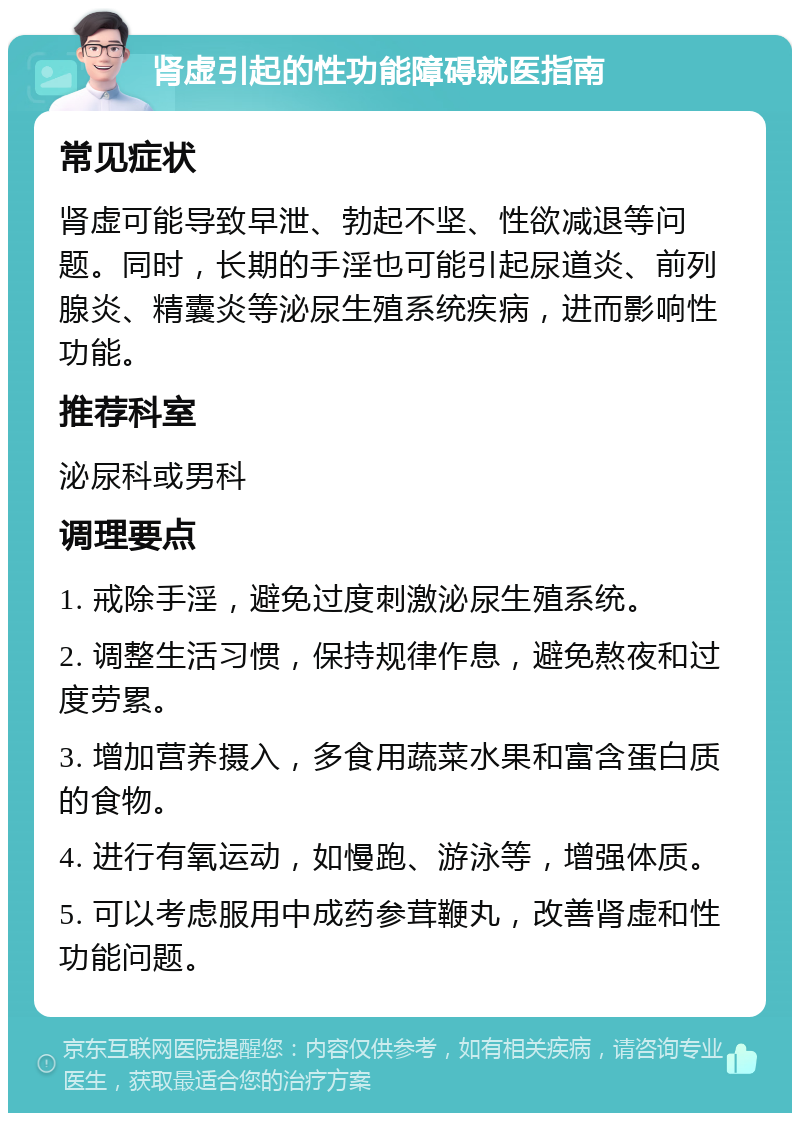 肾虚引起的性功能障碍就医指南 常见症状 肾虚可能导致早泄、勃起不坚、性欲减退等问题。同时，长期的手淫也可能引起尿道炎、前列腺炎、精囊炎等泌尿生殖系统疾病，进而影响性功能。 推荐科室 泌尿科或男科 调理要点 1. 戒除手淫，避免过度刺激泌尿生殖系统。 2. 调整生活习惯，保持规律作息，避免熬夜和过度劳累。 3. 增加营养摄入，多食用蔬菜水果和富含蛋白质的食物。 4. 进行有氧运动，如慢跑、游泳等，增强体质。 5. 可以考虑服用中成药参茸鞭丸，改善肾虚和性功能问题。