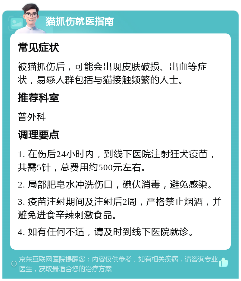 猫抓伤就医指南 常见症状 被猫抓伤后，可能会出现皮肤破损、出血等症状，易感人群包括与猫接触频繁的人士。 推荐科室 普外科 调理要点 1. 在伤后24小时内，到线下医院注射狂犬疫苗，共需5针，总费用约500元左右。 2. 局部肥皂水冲洗伤口，碘伏消毒，避免感染。 3. 疫苗注射期间及注射后2周，严格禁止烟酒，并避免进食辛辣刺激食品。 4. 如有任何不适，请及时到线下医院就诊。