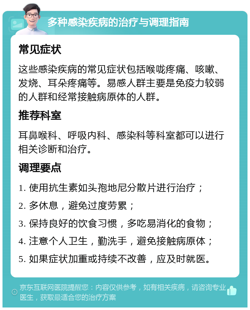 多种感染疾病的治疗与调理指南 常见症状 这些感染疾病的常见症状包括喉咙疼痛、咳嗽、发烧、耳朵疼痛等。易感人群主要是免疫力较弱的人群和经常接触病原体的人群。 推荐科室 耳鼻喉科、呼吸内科、感染科等科室都可以进行相关诊断和治疗。 调理要点 1. 使用抗生素如头孢地尼分散片进行治疗； 2. 多休息，避免过度劳累； 3. 保持良好的饮食习惯，多吃易消化的食物； 4. 注意个人卫生，勤洗手，避免接触病原体； 5. 如果症状加重或持续不改善，应及时就医。