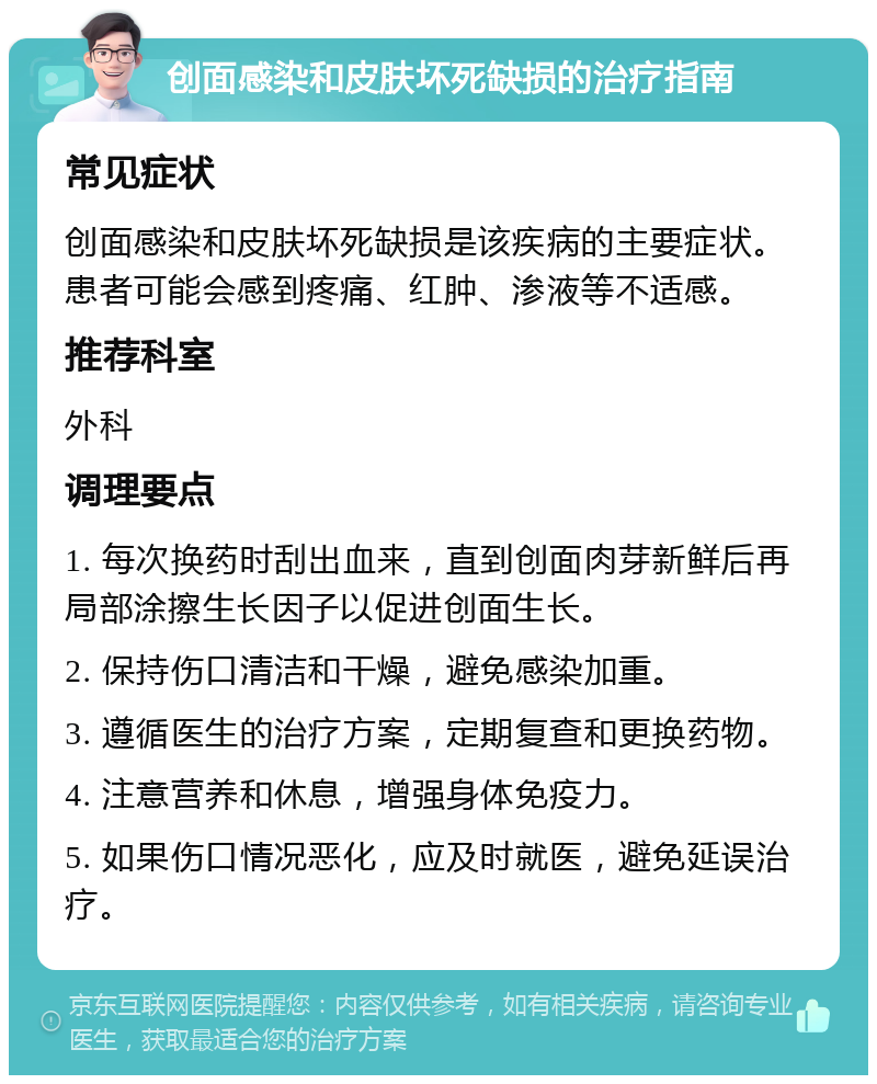 创面感染和皮肤坏死缺损的治疗指南 常见症状 创面感染和皮肤坏死缺损是该疾病的主要症状。患者可能会感到疼痛、红肿、渗液等不适感。 推荐科室 外科 调理要点 1. 每次换药时刮出血来，直到创面肉芽新鲜后再局部涂擦生长因子以促进创面生长。 2. 保持伤口清洁和干燥，避免感染加重。 3. 遵循医生的治疗方案，定期复查和更换药物。 4. 注意营养和休息，增强身体免疫力。 5. 如果伤口情况恶化，应及时就医，避免延误治疗。