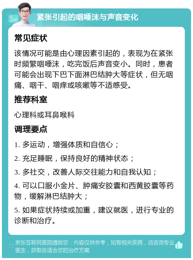 紧张引起的咽唾沫与声音变化 常见症状 该情况可能是由心理因素引起的，表现为在紧张时频繁咽唾沫，吃完饭后声音变小。同时，患者可能会出现下巴下面淋巴结肿大等症状，但无咽痛、咽干、咽痒或咳嗽等不适感受。 推荐科室 心理科或耳鼻喉科 调理要点 1. 多运动，增强体质和自信心； 2. 充足睡眠，保持良好的精神状态； 3. 多社交，改善人际交往能力和自我认知； 4. 可以口服小金片、肿痛安胶囊和西黄胶囊等药物，缓解淋巴结肿大； 5. 如果症状持续或加重，建议就医，进行专业的诊断和治疗。