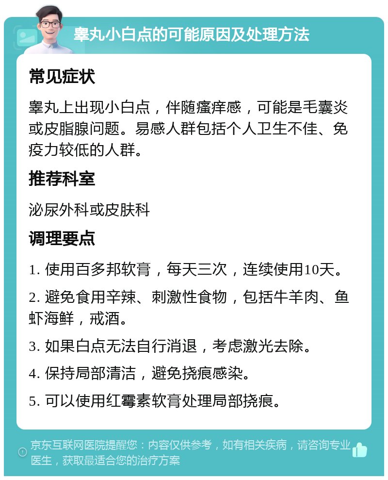 睾丸小白点的可能原因及处理方法 常见症状 睾丸上出现小白点，伴随瘙痒感，可能是毛囊炎或皮脂腺问题。易感人群包括个人卫生不佳、免疫力较低的人群。 推荐科室 泌尿外科或皮肤科 调理要点 1. 使用百多邦软膏，每天三次，连续使用10天。 2. 避免食用辛辣、刺激性食物，包括牛羊肉、鱼虾海鲜，戒酒。 3. 如果白点无法自行消退，考虑激光去除。 4. 保持局部清洁，避免挠痕感染。 5. 可以使用红霉素软膏处理局部挠痕。