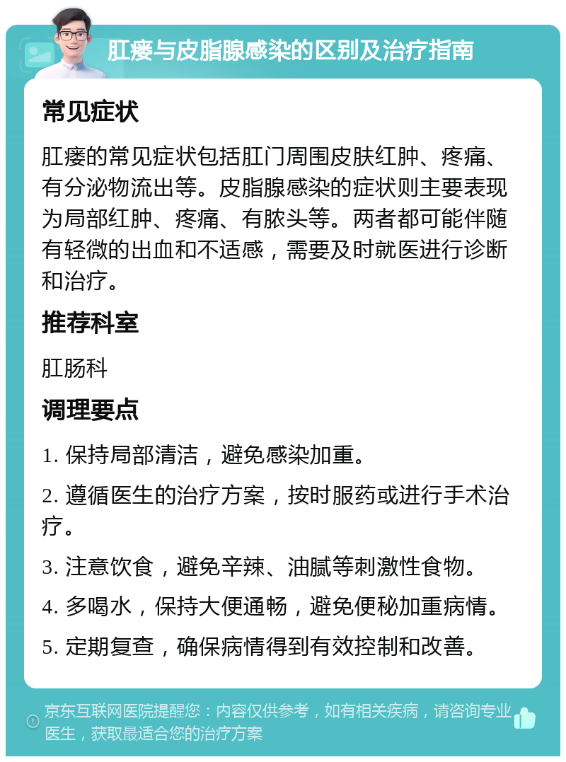 肛瘘与皮脂腺感染的区别及治疗指南 常见症状 肛瘘的常见症状包括肛门周围皮肤红肿、疼痛、有分泌物流出等。皮脂腺感染的症状则主要表现为局部红肿、疼痛、有脓头等。两者都可能伴随有轻微的出血和不适感，需要及时就医进行诊断和治疗。 推荐科室 肛肠科 调理要点 1. 保持局部清洁，避免感染加重。 2. 遵循医生的治疗方案，按时服药或进行手术治疗。 3. 注意饮食，避免辛辣、油腻等刺激性食物。 4. 多喝水，保持大便通畅，避免便秘加重病情。 5. 定期复查，确保病情得到有效控制和改善。