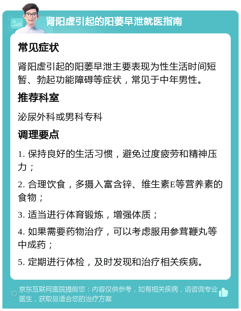 肾阳虚引起的阳萎早泄就医指南 常见症状 肾阳虚引起的阳萎早泄主要表现为性生活时间短暂、勃起功能障碍等症状，常见于中年男性。 推荐科室 泌尿外科或男科专科 调理要点 1. 保持良好的生活习惯，避免过度疲劳和精神压力； 2. 合理饮食，多摄入富含锌、维生素E等营养素的食物； 3. 适当进行体育锻炼，增强体质； 4. 如果需要药物治疗，可以考虑服用参茸鞭丸等中成药； 5. 定期进行体检，及时发现和治疗相关疾病。