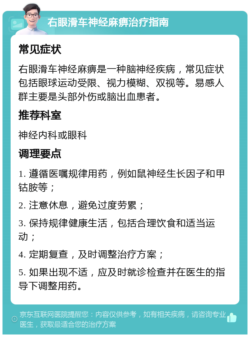 右眼滑车神经麻痹治疗指南 常见症状 右眼滑车神经麻痹是一种脑神经疾病，常见症状包括眼球运动受限、视力模糊、双视等。易感人群主要是头部外伤或脑出血患者。 推荐科室 神经内科或眼科 调理要点 1. 遵循医嘱规律用药，例如鼠神经生长因子和甲钴胺等； 2. 注意休息，避免过度劳累； 3. 保持规律健康生活，包括合理饮食和适当运动； 4. 定期复查，及时调整治疗方案； 5. 如果出现不适，应及时就诊检查并在医生的指导下调整用药。