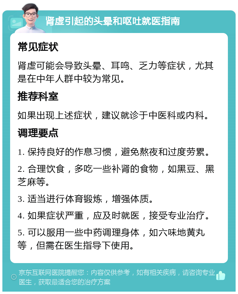 肾虚引起的头晕和呕吐就医指南 常见症状 肾虚可能会导致头晕、耳鸣、乏力等症状，尤其是在中年人群中较为常见。 推荐科室 如果出现上述症状，建议就诊于中医科或内科。 调理要点 1. 保持良好的作息习惯，避免熬夜和过度劳累。 2. 合理饮食，多吃一些补肾的食物，如黑豆、黑芝麻等。 3. 适当进行体育锻炼，增强体质。 4. 如果症状严重，应及时就医，接受专业治疗。 5. 可以服用一些中药调理身体，如六味地黄丸等，但需在医生指导下使用。