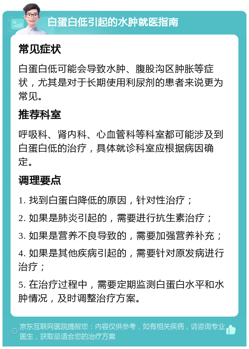 白蛋白低引起的水肿就医指南 常见症状 白蛋白低可能会导致水肿、腹股沟区肿胀等症状，尤其是对于长期使用利尿剂的患者来说更为常见。 推荐科室 呼吸科、肾内科、心血管科等科室都可能涉及到白蛋白低的治疗，具体就诊科室应根据病因确定。 调理要点 1. 找到白蛋白降低的原因，针对性治疗； 2. 如果是肺炎引起的，需要进行抗生素治疗； 3. 如果是营养不良导致的，需要加强营养补充； 4. 如果是其他疾病引起的，需要针对原发病进行治疗； 5. 在治疗过程中，需要定期监测白蛋白水平和水肿情况，及时调整治疗方案。