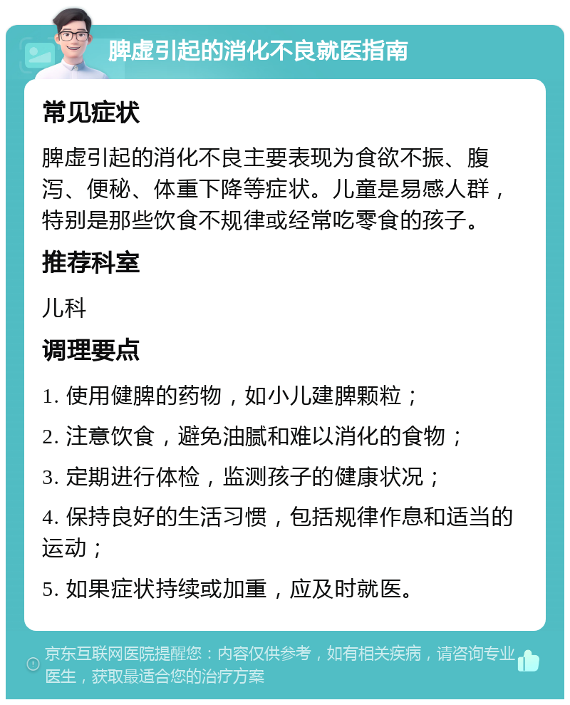 脾虚引起的消化不良就医指南 常见症状 脾虚引起的消化不良主要表现为食欲不振、腹泻、便秘、体重下降等症状。儿童是易感人群，特别是那些饮食不规律或经常吃零食的孩子。 推荐科室 儿科 调理要点 1. 使用健脾的药物，如小儿建脾颗粒； 2. 注意饮食，避免油腻和难以消化的食物； 3. 定期进行体检，监测孩子的健康状况； 4. 保持良好的生活习惯，包括规律作息和适当的运动； 5. 如果症状持续或加重，应及时就医。