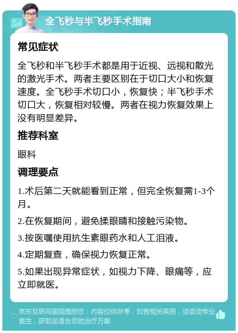 全飞秒与半飞秒手术指南 常见症状 全飞秒和半飞秒手术都是用于近视、远视和散光的激光手术。两者主要区别在于切口大小和恢复速度。全飞秒手术切口小，恢复快；半飞秒手术切口大，恢复相对较慢。两者在视力恢复效果上没有明显差异。 推荐科室 眼科 调理要点 1.术后第二天就能看到正常，但完全恢复需1-3个月。 2.在恢复期间，避免揉眼睛和接触污染物。 3.按医嘱使用抗生素眼药水和人工泪液。 4.定期复查，确保视力恢复正常。 5.如果出现异常症状，如视力下降、眼痛等，应立即就医。