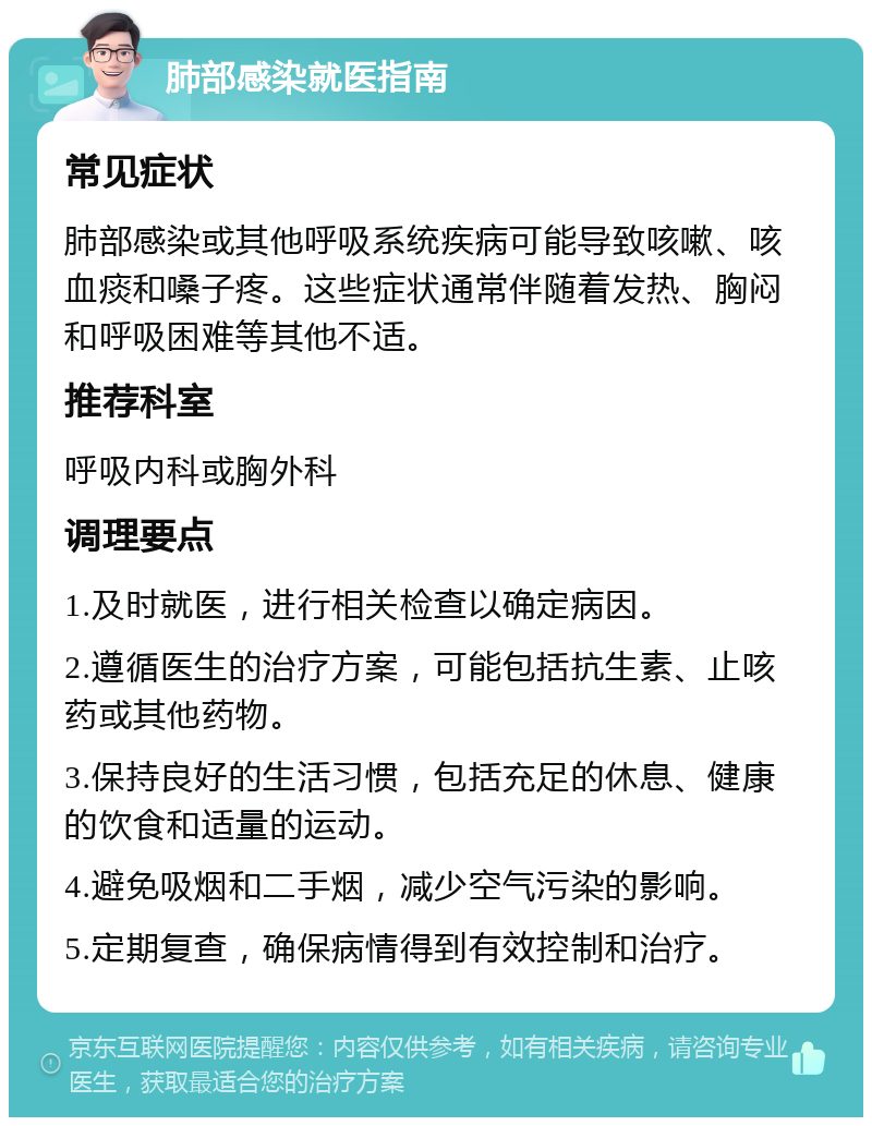 肺部感染就医指南 常见症状 肺部感染或其他呼吸系统疾病可能导致咳嗽、咳血痰和嗓子疼。这些症状通常伴随着发热、胸闷和呼吸困难等其他不适。 推荐科室 呼吸内科或胸外科 调理要点 1.及时就医，进行相关检查以确定病因。 2.遵循医生的治疗方案，可能包括抗生素、止咳药或其他药物。 3.保持良好的生活习惯，包括充足的休息、健康的饮食和适量的运动。 4.避免吸烟和二手烟，减少空气污染的影响。 5.定期复查，确保病情得到有效控制和治疗。