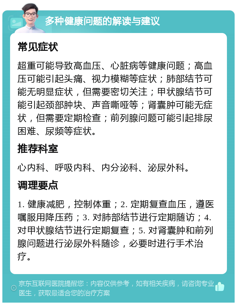 多种健康问题的解读与建议 常见症状 超重可能导致高血压、心脏病等健康问题；高血压可能引起头痛、视力模糊等症状；肺部结节可能无明显症状，但需要密切关注；甲状腺结节可能引起颈部肿块、声音嘶哑等；肾囊肿可能无症状，但需要定期检查；前列腺问题可能引起排尿困难、尿频等症状。 推荐科室 心内科、呼吸内科、内分泌科、泌尿外科。 调理要点 1. 健康减肥，控制体重；2. 定期复查血压，遵医嘱服用降压药；3. 对肺部结节进行定期随访；4. 对甲状腺结节进行定期复查；5. 对肾囊肿和前列腺问题进行泌尿外科随诊，必要时进行手术治疗。