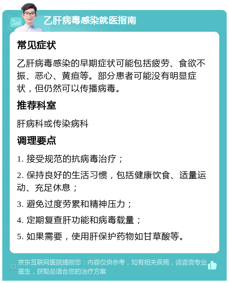 乙肝病毒感染就医指南 常见症状 乙肝病毒感染的早期症状可能包括疲劳、食欲不振、恶心、黄疸等。部分患者可能没有明显症状，但仍然可以传播病毒。 推荐科室 肝病科或传染病科 调理要点 1. 接受规范的抗病毒治疗； 2. 保持良好的生活习惯，包括健康饮食、适量运动、充足休息； 3. 避免过度劳累和精神压力； 4. 定期复查肝功能和病毒载量； 5. 如果需要，使用肝保护药物如甘草酸等。