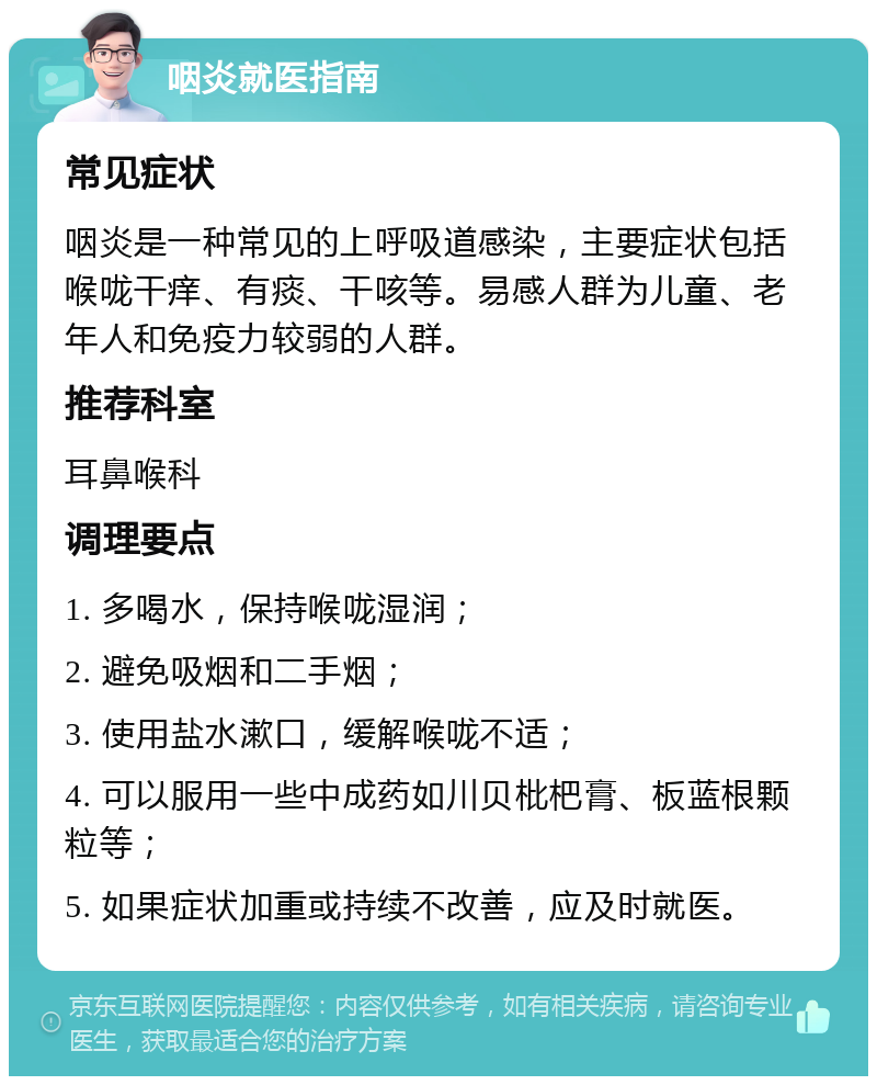 咽炎就医指南 常见症状 咽炎是一种常见的上呼吸道感染，主要症状包括喉咙干痒、有痰、干咳等。易感人群为儿童、老年人和免疫力较弱的人群。 推荐科室 耳鼻喉科 调理要点 1. 多喝水，保持喉咙湿润； 2. 避免吸烟和二手烟； 3. 使用盐水漱口，缓解喉咙不适； 4. 可以服用一些中成药如川贝枇杷膏、板蓝根颗粒等； 5. 如果症状加重或持续不改善，应及时就医。