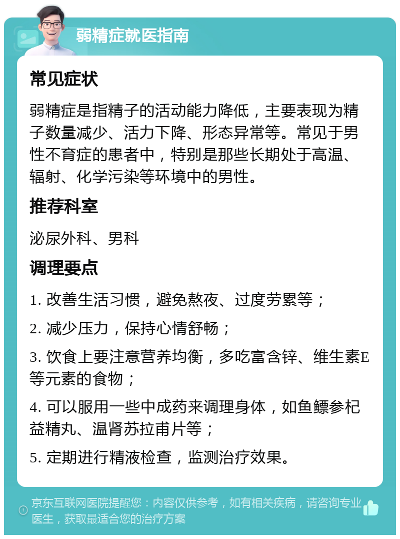 弱精症就医指南 常见症状 弱精症是指精子的活动能力降低，主要表现为精子数量减少、活力下降、形态异常等。常见于男性不育症的患者中，特别是那些长期处于高温、辐射、化学污染等环境中的男性。 推荐科室 泌尿外科、男科 调理要点 1. 改善生活习惯，避免熬夜、过度劳累等； 2. 减少压力，保持心情舒畅； 3. 饮食上要注意营养均衡，多吃富含锌、维生素E等元素的食物； 4. 可以服用一些中成药来调理身体，如鱼鳔参杞益精丸、温肾苏拉甫片等； 5. 定期进行精液检查，监测治疗效果。