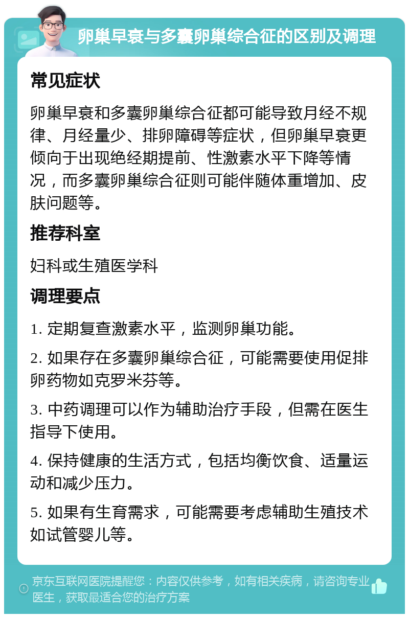 卵巢早衰与多囊卵巢综合征的区别及调理 常见症状 卵巢早衰和多囊卵巢综合征都可能导致月经不规律、月经量少、排卵障碍等症状，但卵巢早衰更倾向于出现绝经期提前、性激素水平下降等情况，而多囊卵巢综合征则可能伴随体重增加、皮肤问题等。 推荐科室 妇科或生殖医学科 调理要点 1. 定期复查激素水平，监测卵巢功能。 2. 如果存在多囊卵巢综合征，可能需要使用促排卵药物如克罗米芬等。 3. 中药调理可以作为辅助治疗手段，但需在医生指导下使用。 4. 保持健康的生活方式，包括均衡饮食、适量运动和减少压力。 5. 如果有生育需求，可能需要考虑辅助生殖技术如试管婴儿等。