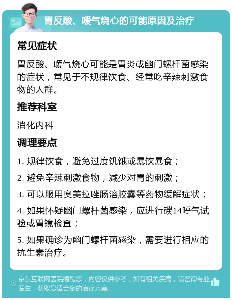 胃反酸、嗳气烧心的可能原因及治疗 常见症状 胃反酸、嗳气烧心可能是胃炎或幽门螺杆菌感染的症状，常见于不规律饮食、经常吃辛辣刺激食物的人群。 推荐科室 消化内科 调理要点 1. 规律饮食，避免过度饥饿或暴饮暴食； 2. 避免辛辣刺激食物，减少对胃的刺激； 3. 可以服用奥美拉唑肠溶胶囊等药物缓解症状； 4. 如果怀疑幽门螺杆菌感染，应进行碳14呼气试验或胃镜检查； 5. 如果确诊为幽门螺杆菌感染，需要进行相应的抗生素治疗。