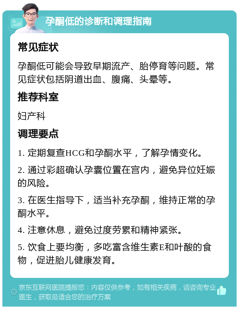 孕酮低的诊断和调理指南 常见症状 孕酮低可能会导致早期流产、胎停育等问题。常见症状包括阴道出血、腹痛、头晕等。 推荐科室 妇产科 调理要点 1. 定期复查HCG和孕酮水平，了解孕情变化。 2. 通过彩超确认孕囊位置在宫内，避免异位妊娠的风险。 3. 在医生指导下，适当补充孕酮，维持正常的孕酮水平。 4. 注意休息，避免过度劳累和精神紧张。 5. 饮食上要均衡，多吃富含维生素E和叶酸的食物，促进胎儿健康发育。