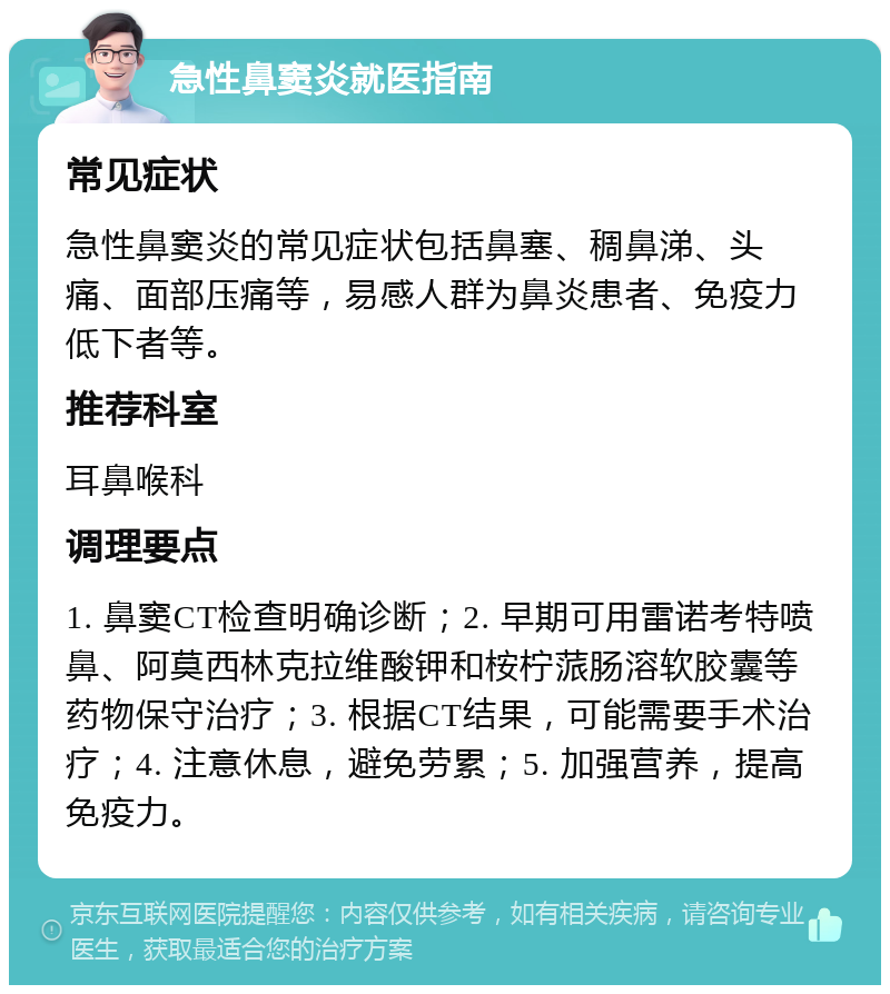 急性鼻窦炎就医指南 常见症状 急性鼻窦炎的常见症状包括鼻塞、稠鼻涕、头痛、面部压痛等，易感人群为鼻炎患者、免疫力低下者等。 推荐科室 耳鼻喉科 调理要点 1. 鼻窦CT检查明确诊断；2. 早期可用雷诺考特喷鼻、阿莫西林克拉维酸钾和桉柠蒎肠溶软胶囊等药物保守治疗；3. 根据CT结果，可能需要手术治疗；4. 注意休息，避免劳累；5. 加强营养，提高免疫力。