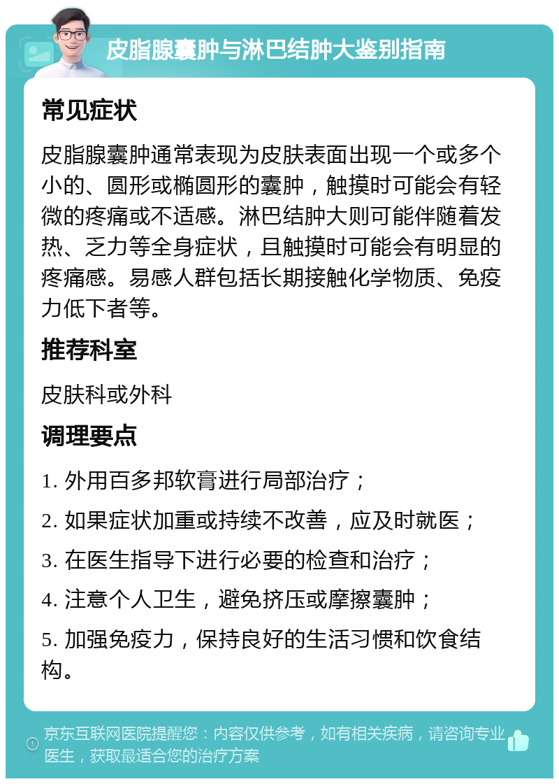 皮脂腺囊肿与淋巴结肿大鉴别指南 常见症状 皮脂腺囊肿通常表现为皮肤表面出现一个或多个小的、圆形或椭圆形的囊肿，触摸时可能会有轻微的疼痛或不适感。淋巴结肿大则可能伴随着发热、乏力等全身症状，且触摸时可能会有明显的疼痛感。易感人群包括长期接触化学物质、免疫力低下者等。 推荐科室 皮肤科或外科 调理要点 1. 外用百多邦软膏进行局部治疗； 2. 如果症状加重或持续不改善，应及时就医； 3. 在医生指导下进行必要的检查和治疗； 4. 注意个人卫生，避免挤压或摩擦囊肿； 5. 加强免疫力，保持良好的生活习惯和饮食结构。