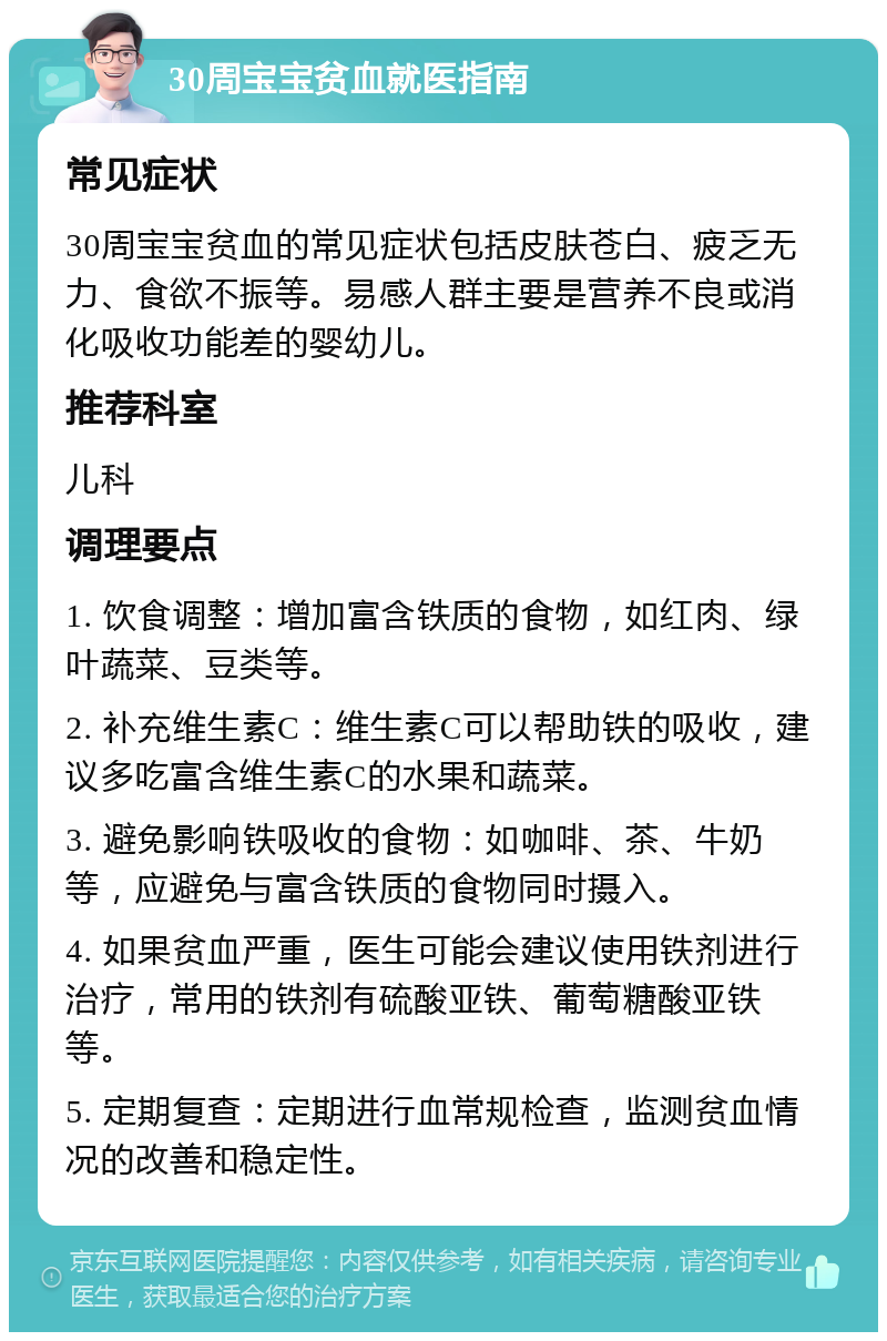 30周宝宝贫血就医指南 常见症状 30周宝宝贫血的常见症状包括皮肤苍白、疲乏无力、食欲不振等。易感人群主要是营养不良或消化吸收功能差的婴幼儿。 推荐科室 儿科 调理要点 1. 饮食调整：增加富含铁质的食物，如红肉、绿叶蔬菜、豆类等。 2. 补充维生素C：维生素C可以帮助铁的吸收，建议多吃富含维生素C的水果和蔬菜。 3. 避免影响铁吸收的食物：如咖啡、茶、牛奶等，应避免与富含铁质的食物同时摄入。 4. 如果贫血严重，医生可能会建议使用铁剂进行治疗，常用的铁剂有硫酸亚铁、葡萄糖酸亚铁等。 5. 定期复查：定期进行血常规检查，监测贫血情况的改善和稳定性。