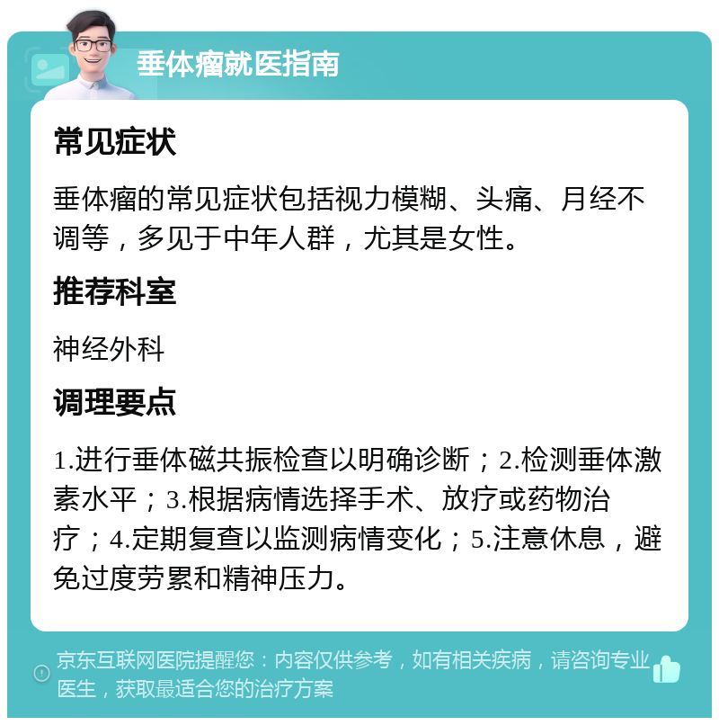 垂体瘤就医指南 常见症状 垂体瘤的常见症状包括视力模糊、头痛、月经不调等，多见于中年人群，尤其是女性。 推荐科室 神经外科 调理要点 1.进行垂体磁共振检查以明确诊断；2.检测垂体激素水平；3.根据病情选择手术、放疗或药物治疗；4.定期复查以监测病情变化；5.注意休息，避免过度劳累和精神压力。